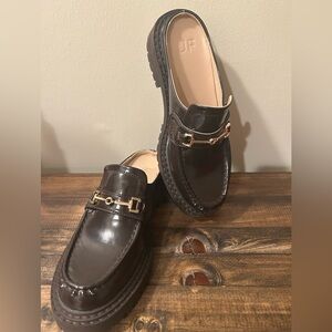 Women's Just Fab Size 5.5 Chocolate Brown Buckle Loafer Mules